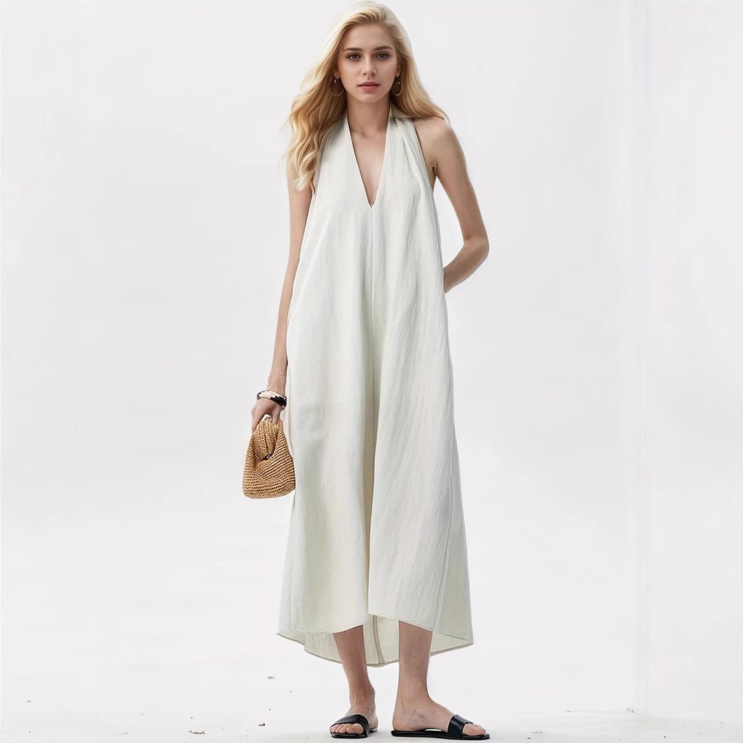 Damen Elegantes Maxikleid mit tiefem V-Ausschnitt und fließendem Stoff Drune
