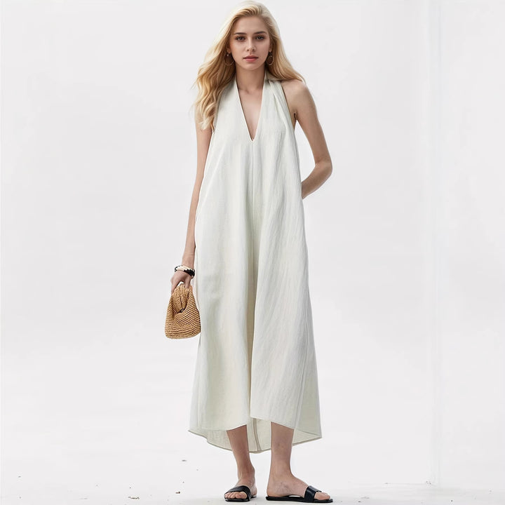 Damen Elegantes Maxikleid mit tiefem V-Ausschnitt und fließendem Stoff Drune
