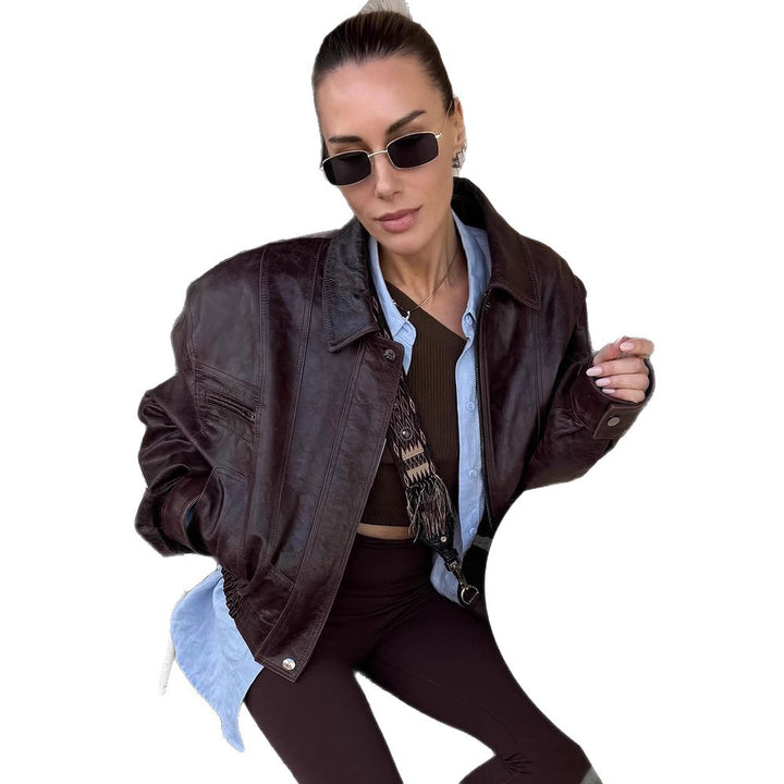 Damen lässige Kunstlederjacke mit oversized Schnitt und praktischen Taschen Drune