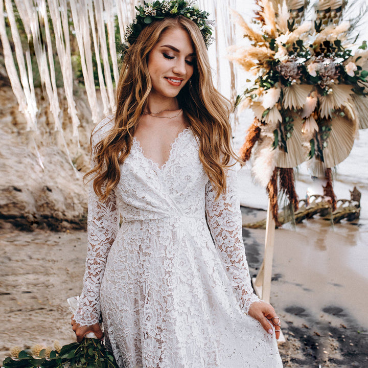Damen Spitze Boho Hochzeitskleid Drune