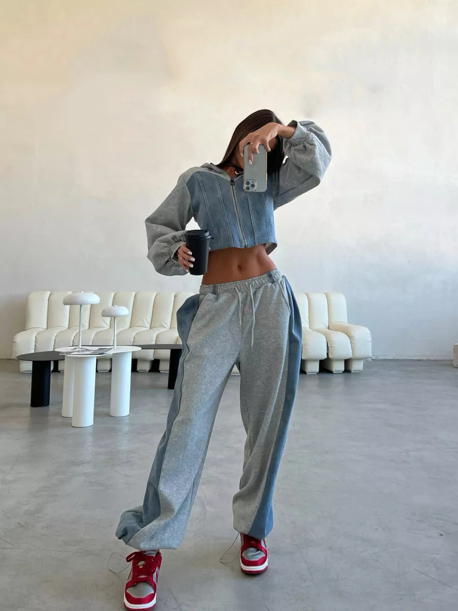 Damen modisches Cropped Sweatshirt und weite Sporthose Set Drune