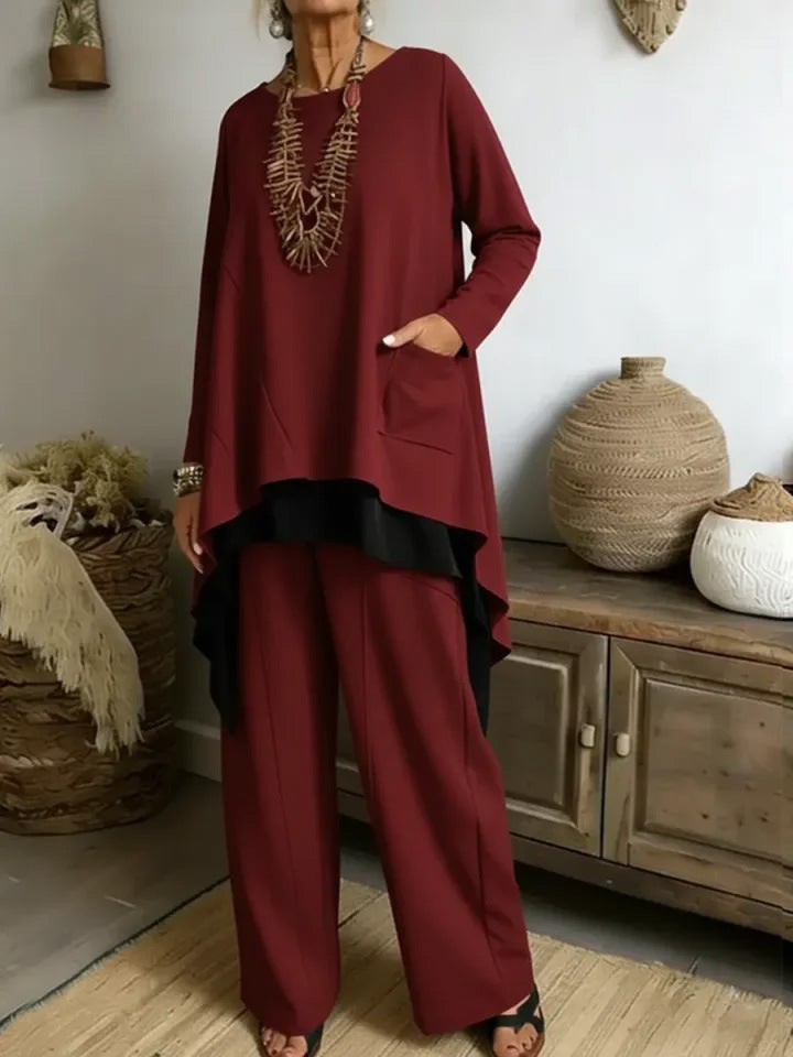 Damen lässiges Ensemble aus asymmetrischem Oberteil und weitem Hosen Drune