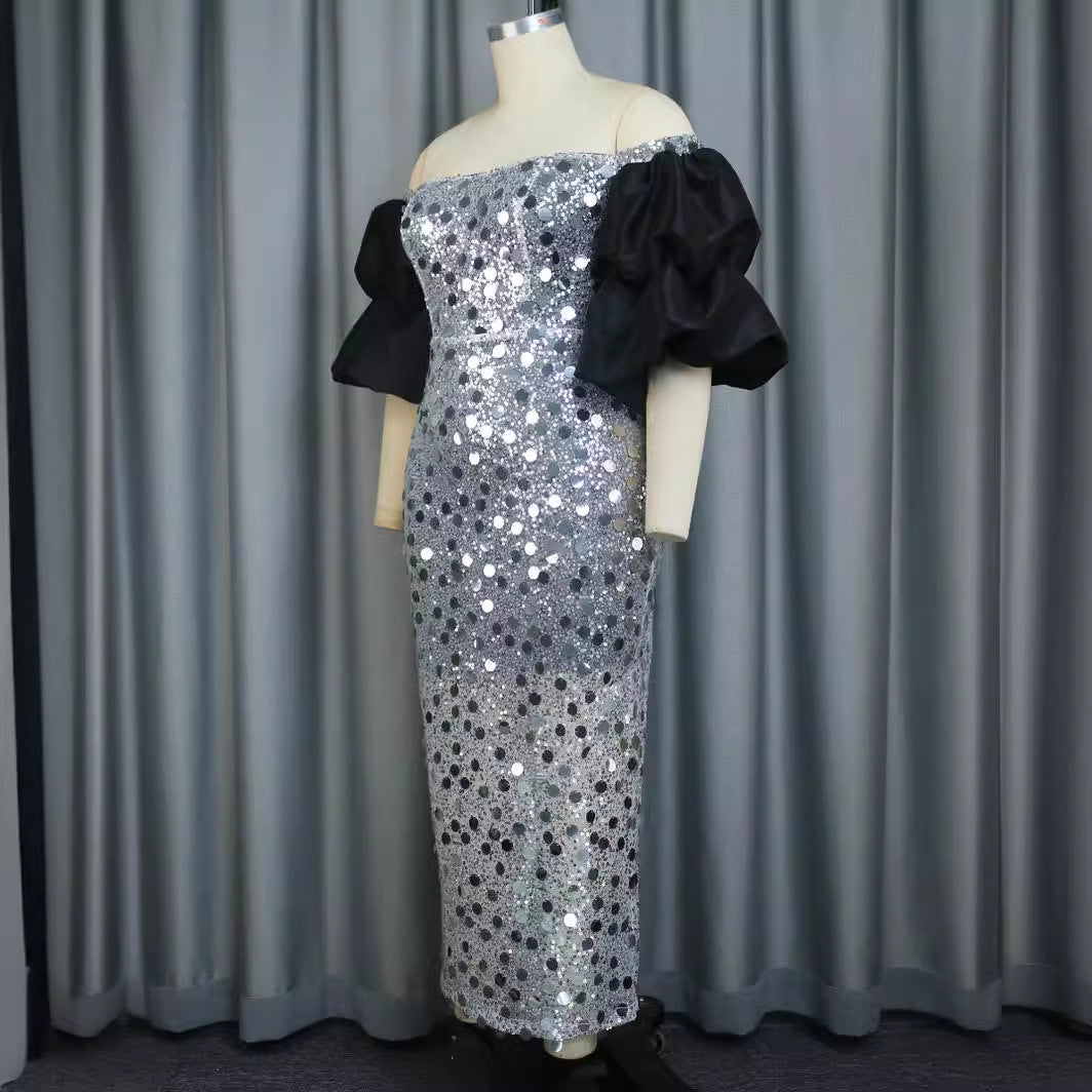 Damen Glitzerndes Abendkleid mit voluminösen Puffärmeln Drune
