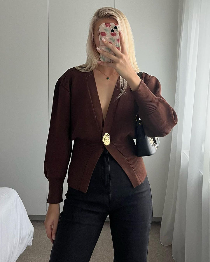 Damen modischer Strickcardigan mit tiefem V-Ausschnitt und dekorativem Knopf Drune