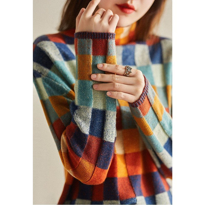 Damen Strickpullover mit modernem Karomuster und hohem Kragen Drune