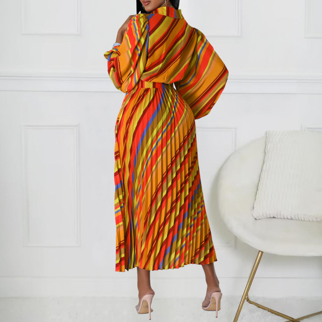 Damen Maxikleid mit elegantem Wickelkragen und farbenfrohem Streifenmuster Drune