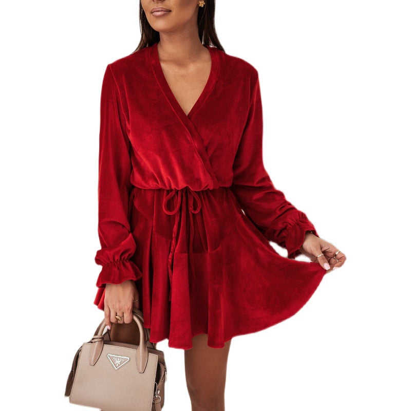 Damen Wickelkleid mit samtiger Oberfläche und elegantem V-Ausschnitt Drune