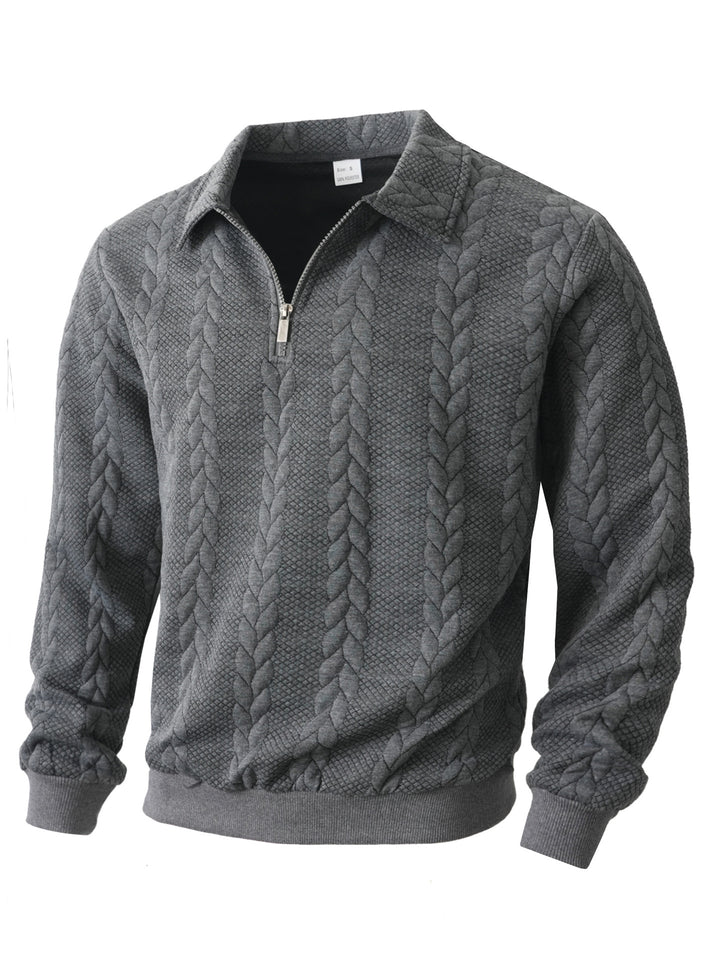 Herren nan Halbzip-Pullover mit Kentkragen, Zopfstrickstruktur und geripptem Saum Drune