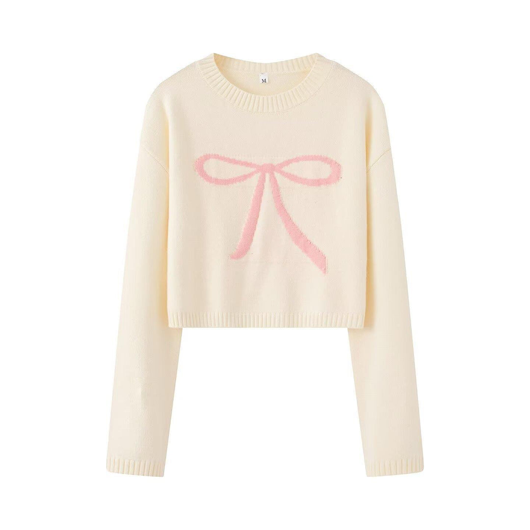 Damen cropped Strickpullover mit dekorativem Schleifendesign Drune