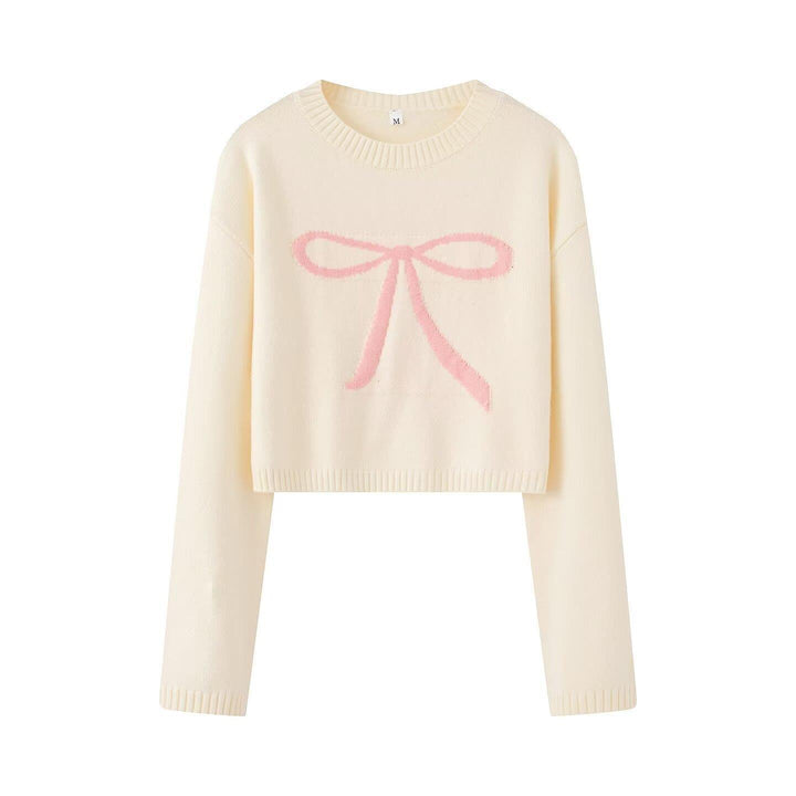 Damen cropped Strickpullover mit dekorativem Schleifendesign Drune
