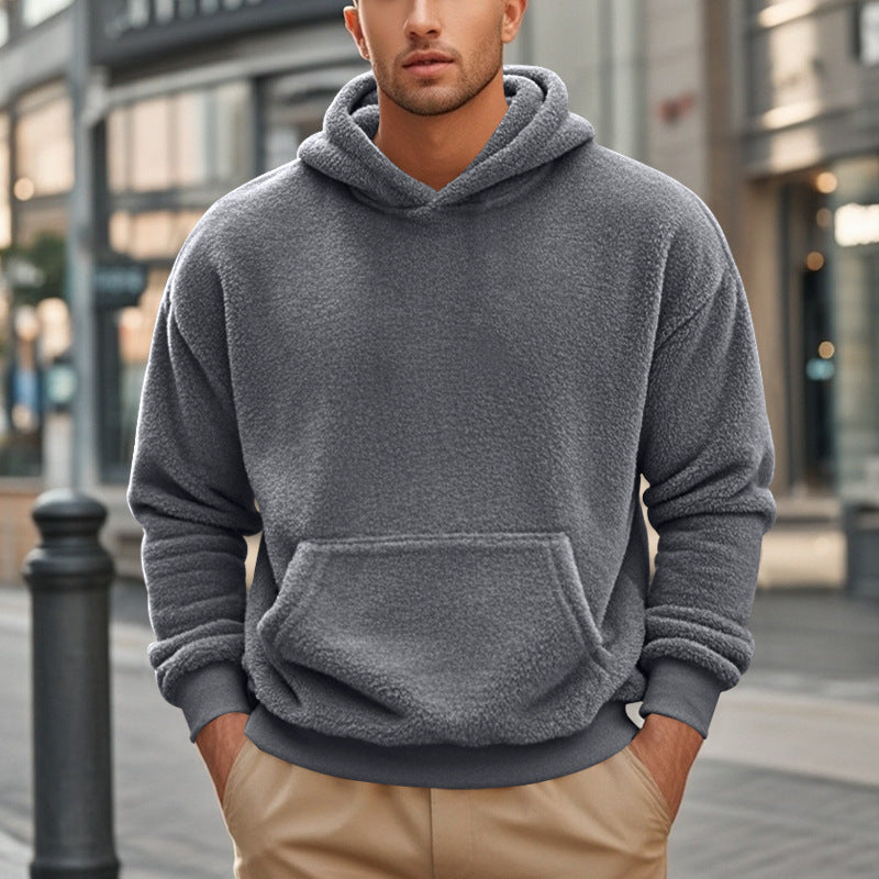 Herren nan kuscheliger Sherpa-Fleece Kapuzenpullover mit Kängurutasche und elastischen Bündchen Drune