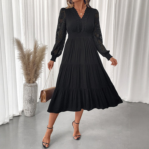 Damen Maxikleid mit breiten Puffärmeln und feinen Rüschendetails Drune
