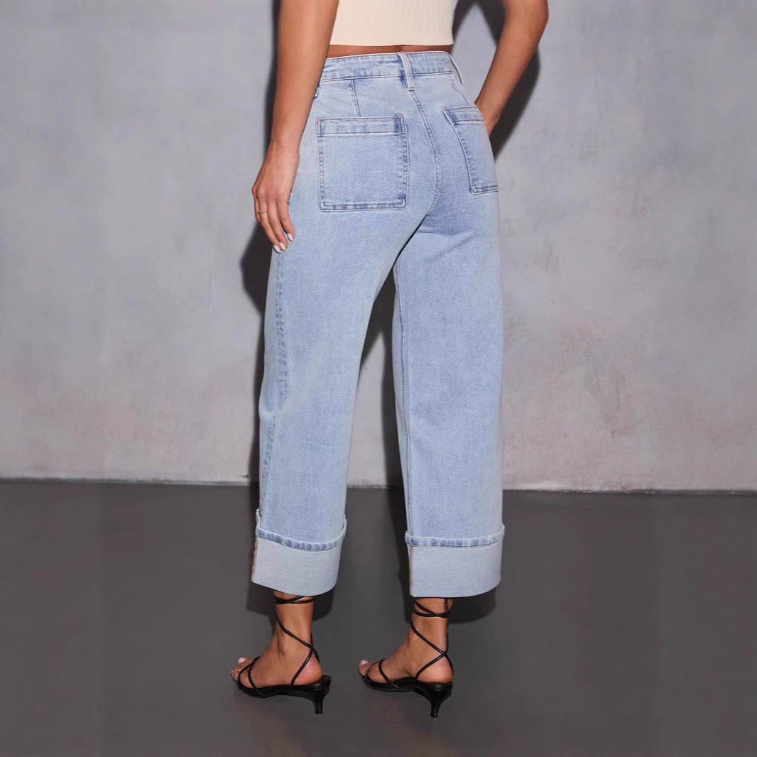 Damen Weit geschnittene Jeans mit Taschen und modischem Saum Drune