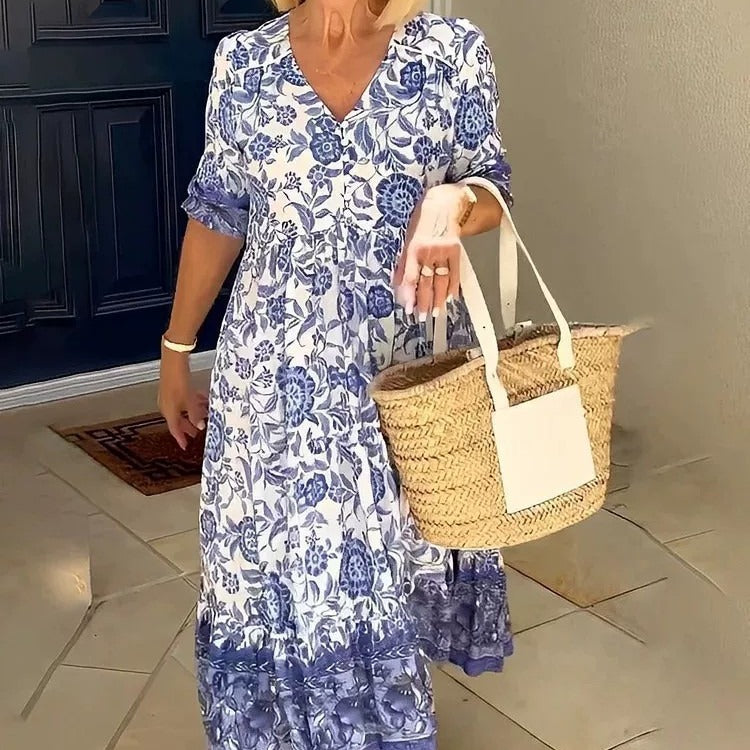 Drune | Dreiviertelärmeliges langes floral gefärbtes Tie-Dye Druckkleid