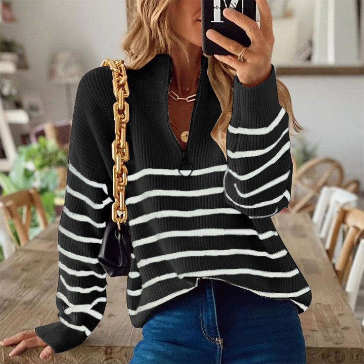 Damen gemütlicher Strickpullover mit Reißverschluss und Streifenmuster Drune