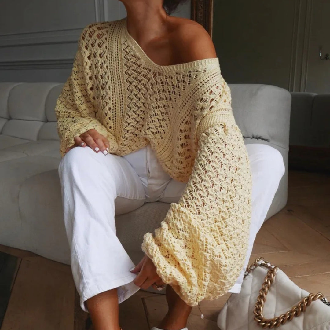 Damen luftiger Strickpullover mit V-Ausschnitt und oversized Ärmeln Drune