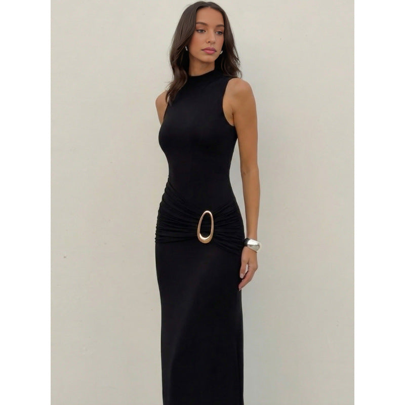 Damen Elegantes Maxikleid mit figurbetonendem Schnitt und dekorativem Taillengürtel Drune