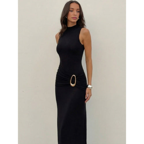 Damen Elegantes Maxikleid mit figurbetonendem Schnitt und dekorativem Taillengürtel Drune
