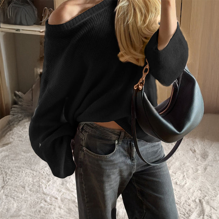 Damen nan Oversize Off-Shoulder Feinstrickpullover mit Fledermausärmeln Drune