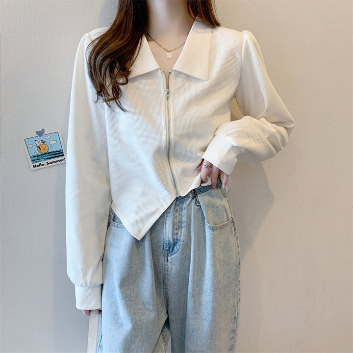 Damen modische cropped Jacke mit Reißverschluss und elegantem Kragen Drune