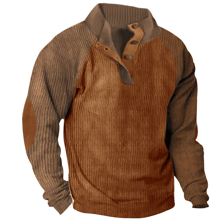 Herren nan strukturiertes Henley-Sweatshirt mit Stehkragen, Raglanärmeln und Ellbogenpatches Drune