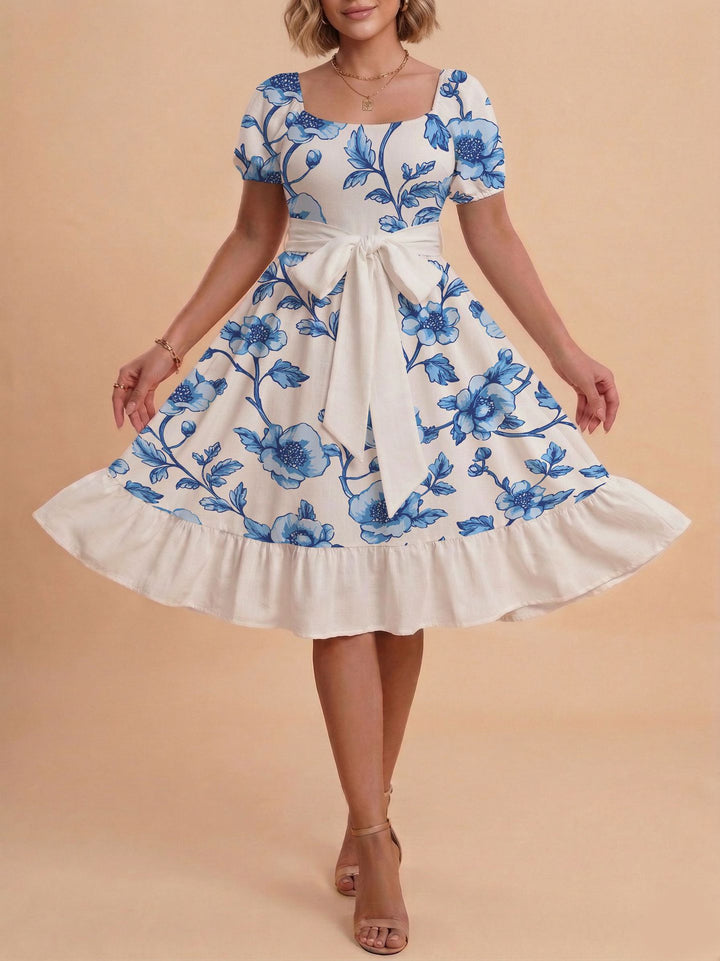Damen Retro Maxikleid mit Puffärmeln und Taillengürtel Drune