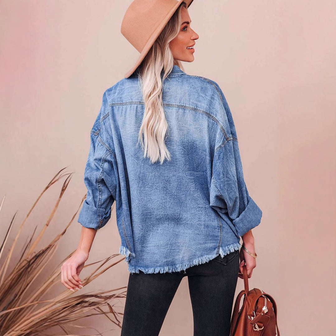 Damen lässige Oversized Jeanshemd mit aufgesetzten Taschen Drune