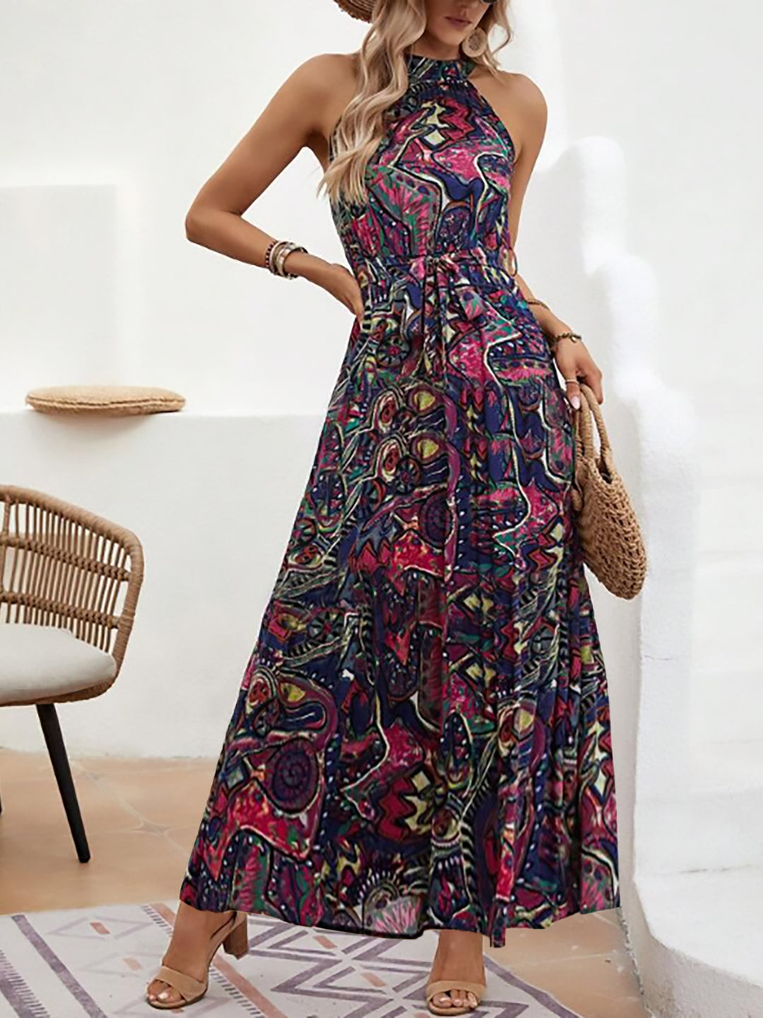 Damen Maxikleid im Boho-Stil mit hohem Kragen und Bindegürtel Drune