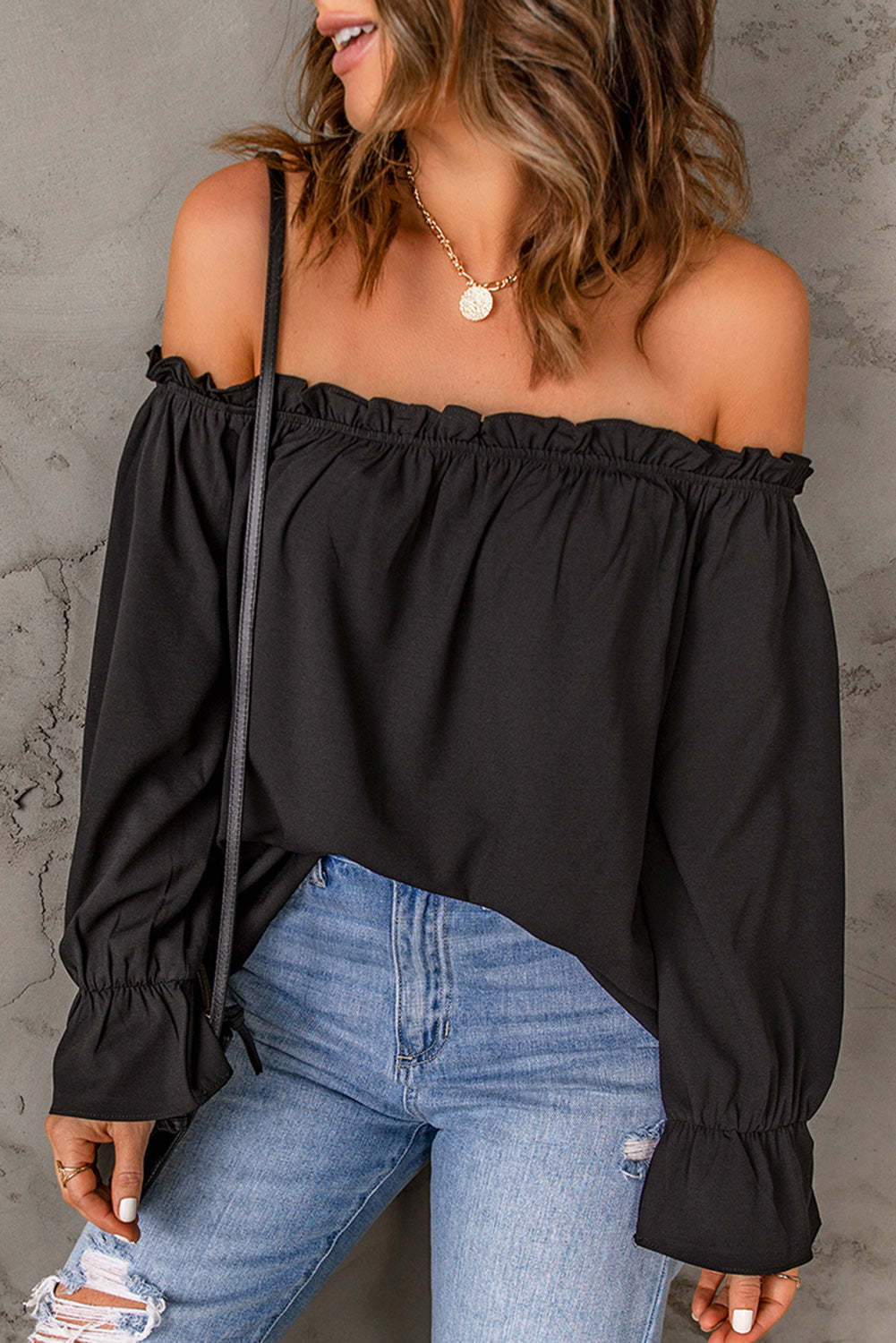 Damen schickes Off-Shoulder Oberteil mit Rüschendetails und elastischen Bündchen Drune