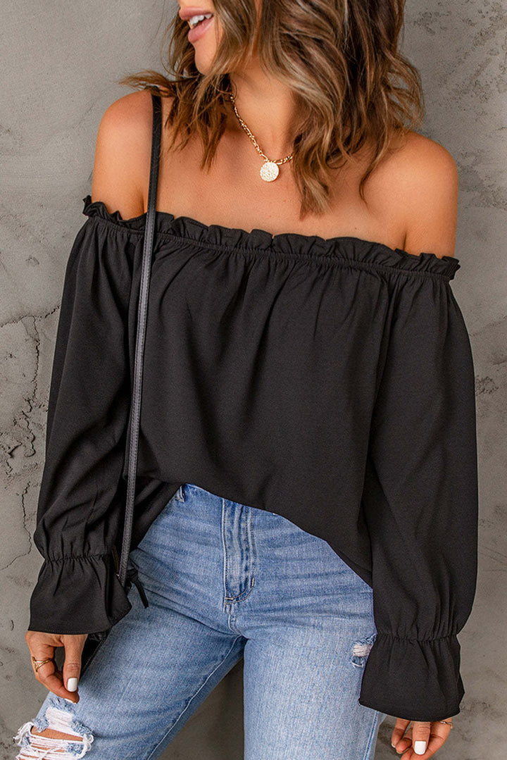 Damen schickes Off-Shoulder Oberteil mit Rüschendetails und elastischen Bündchen Drune