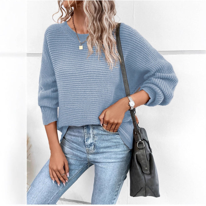 Damen lässiger Strickpullover mit kontrastierenden Texturen und V-Ausschnitt Drune