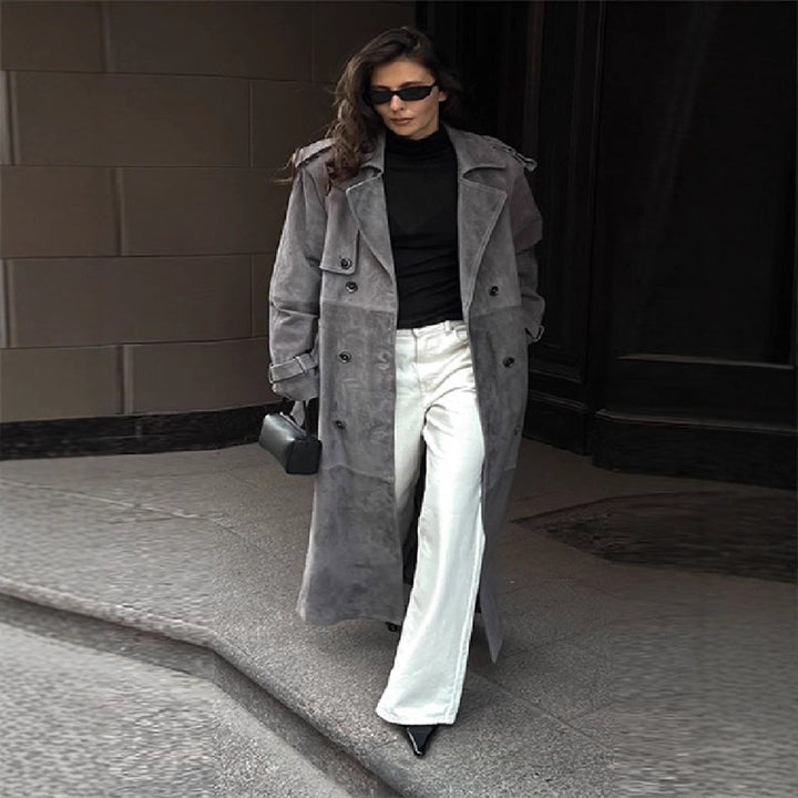 Damen Modischer und bequemer lange Suede-Trenchcoat Drune