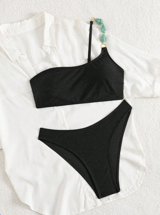 Damen One-Shoulder-Bikini-Set mit modischem Schmuckdetail Drune