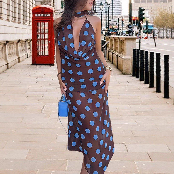 Damen Maxikleid mit raffiniertem Wasserfall-Ausschnitt und Punkten Drune
