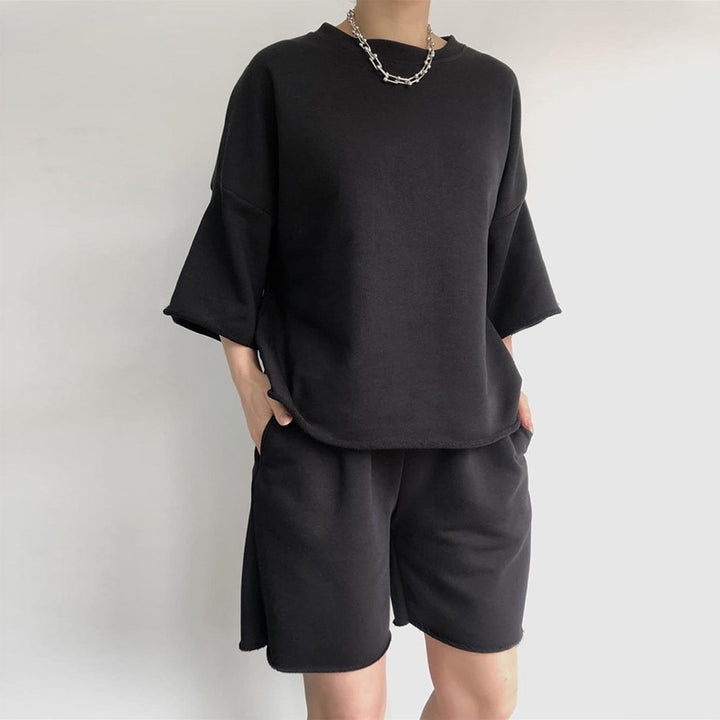 Damen Lässiges Oversized Freizeitset mit kurzärmligem Oberteil und weiten Shorts Drune