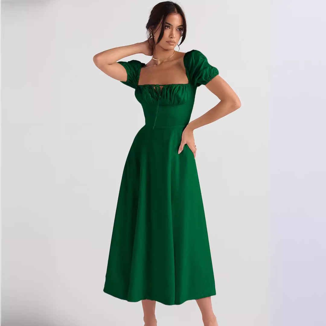 Damen Midi-Kleid mit gerafftem Oberkörper und ausgestelltem Rock Drune