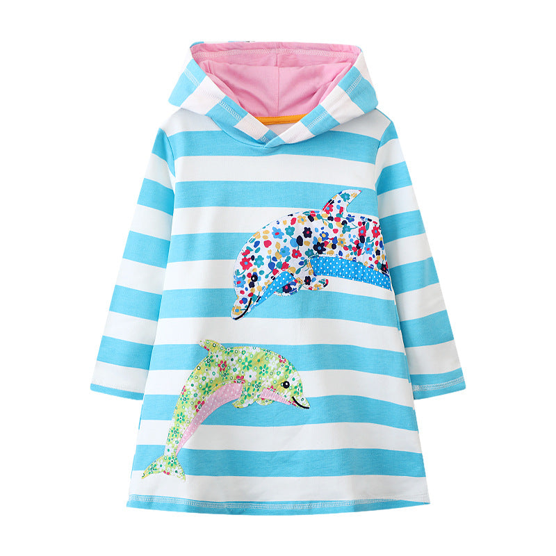Mädchen Kapuzenkleid mit buntem Delfin-Motiv Drune