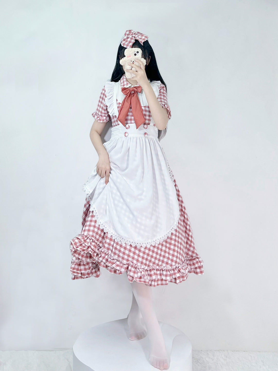 Damen nan vintage-inspiriertes Lolita-Kleid mit Karomuster Volants und abnehmbarer Schürze Drune