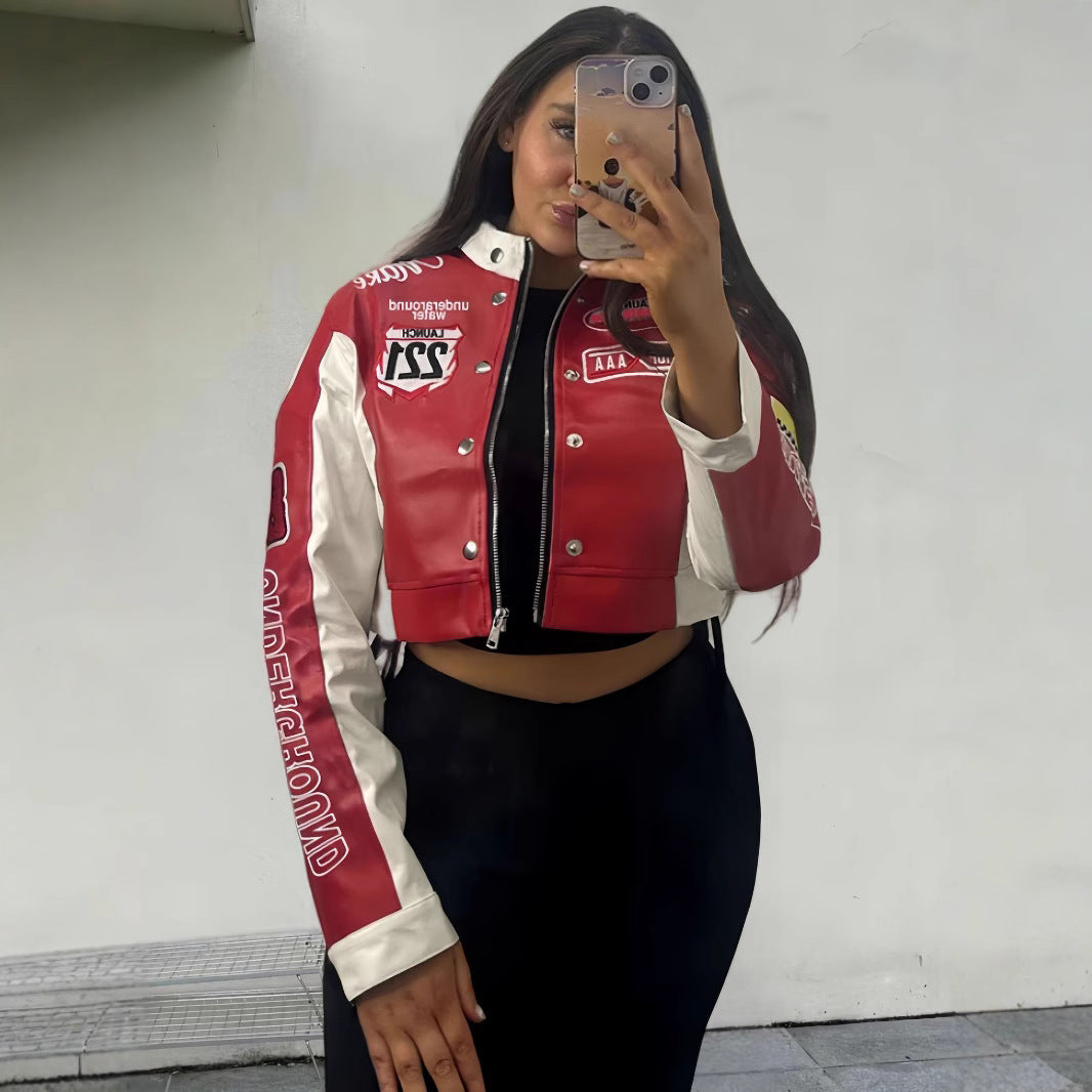 Damen trendige cropped Bikerjacke mit sportlichen Patches Drune
