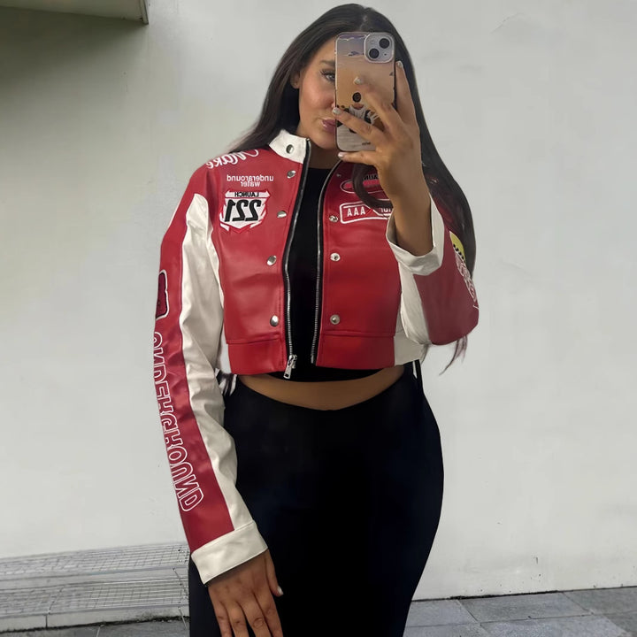 Damen trendige cropped Bikerjacke mit sportlichen Patches Drune