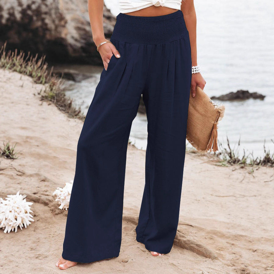 Damen weite Leinenhose mit elastischem Bund und Falten Drune
