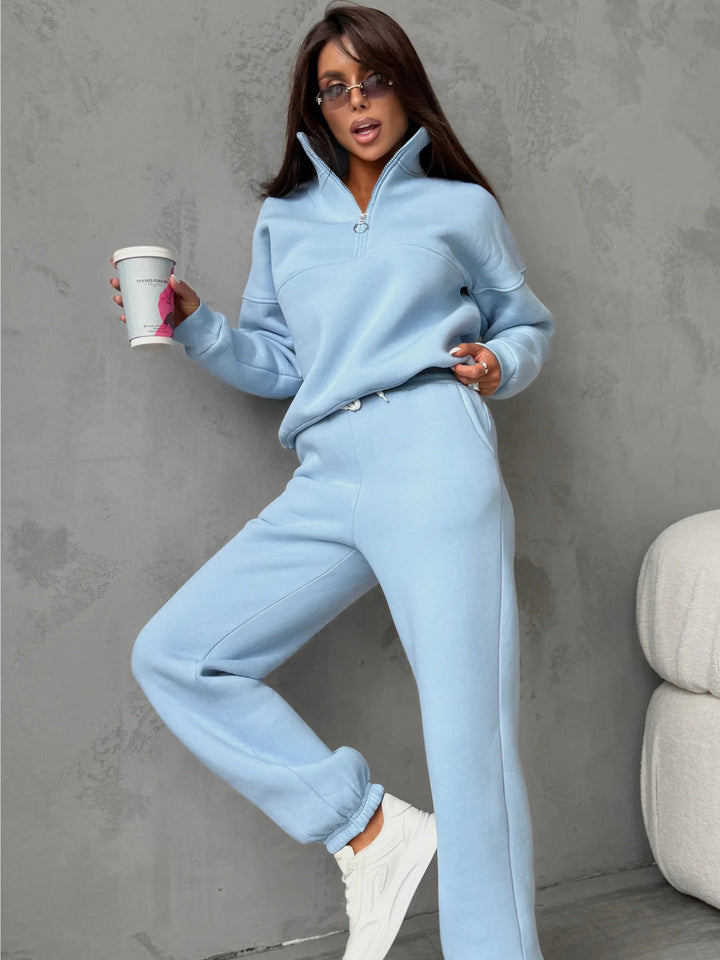 Damen modernes Freizeit-Loungewear-Set mit halbem Reißverschluss und elastischen Bündchen Drune