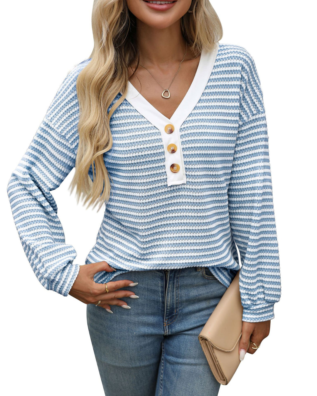Damen lässiges V-Ausschnitt Langarmshirt mit Knopfdetails Drune