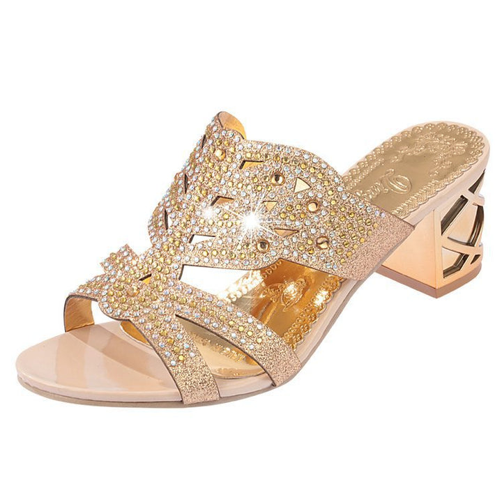 Damen nan verzierte Sandalette mit mittelhohem Blockabsatz und funkelndem Strassbesatz Drune