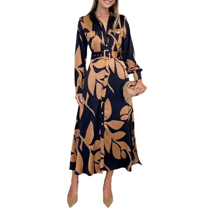 Damen nan elegantes Satin-Hemdkleid mit Taillengürtel, Brusttaschen und abstraktem Blattprint Drune