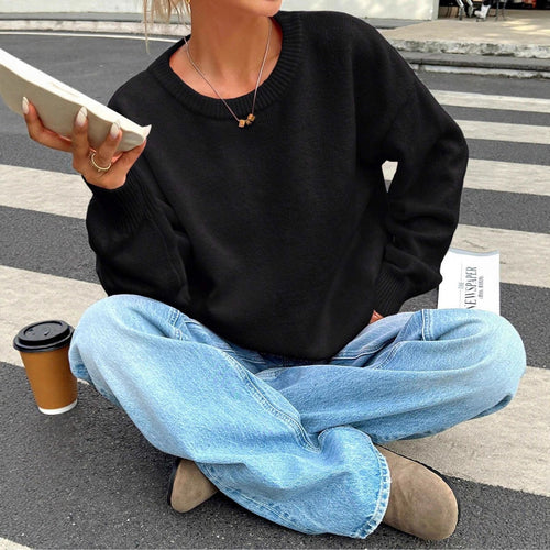 Damen lässiger Strickpullover mit Rundhalsausschnitt und voluminösen Ärmeln Drune