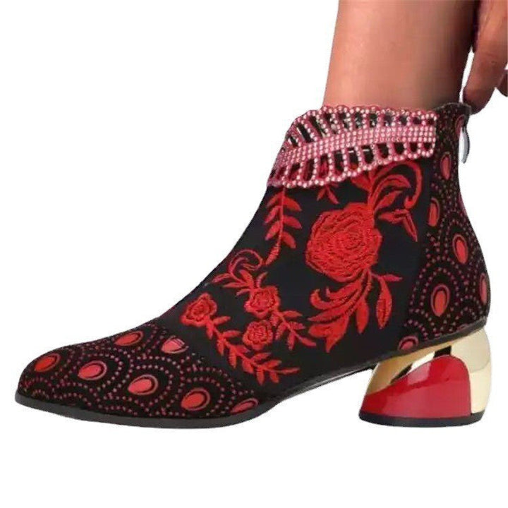 Damen Stiefeletten mit floralem Muster und glanzvollem Blockabsatz Drune