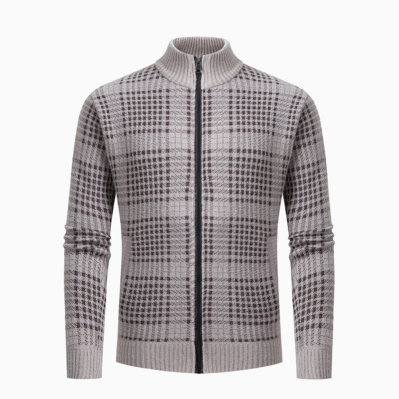 Herren modische Strickjacke mit modernem Karomuster und hohem Kragen Drune