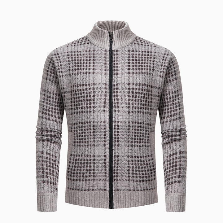 Herren modische Strickjacke mit modernem Karomuster und hohem Kragen Drune