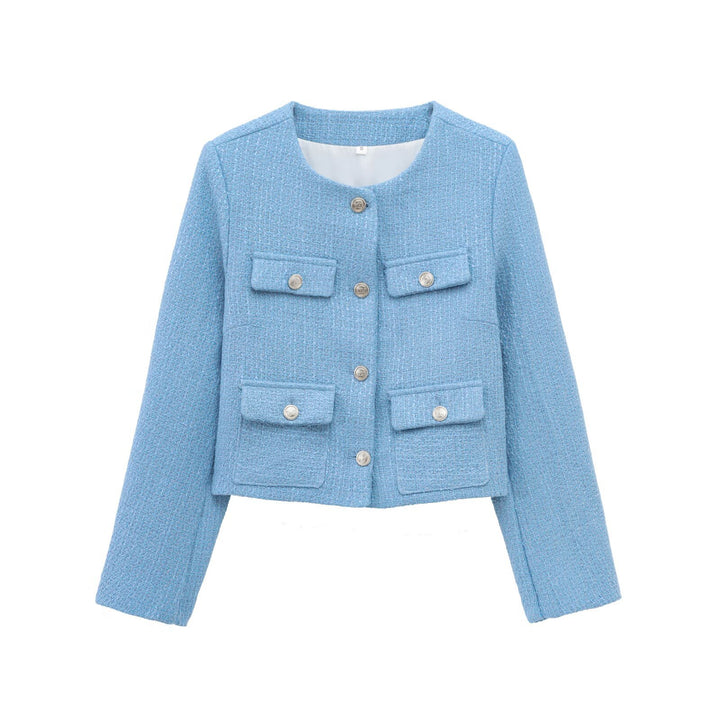 Damen modische Kurzjacke mit dekorativen Taschen und eleganter Knopfdetail Drune